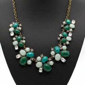 J Crew Gold Green Statement Necklace Beaded Rhinestone Chain Womens